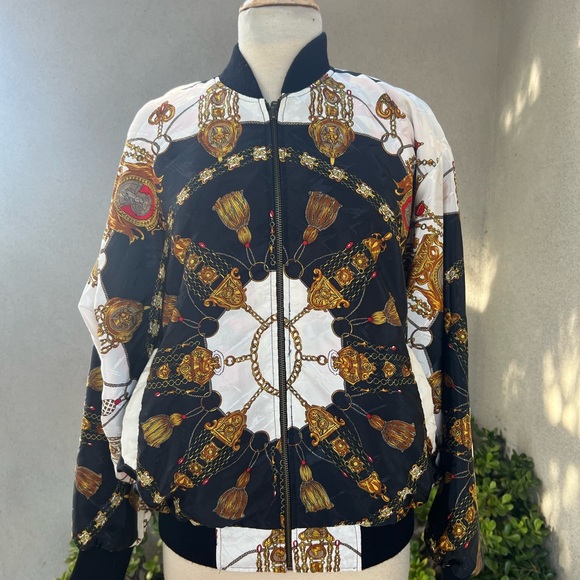 Vintage reversible bomber jacket baroque print polyester Sz M/L - Picture 8 of 13